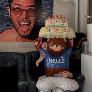 快乐小熊气球派对装 饰场景布置气球拍照道具 ins生日站立款 韩版