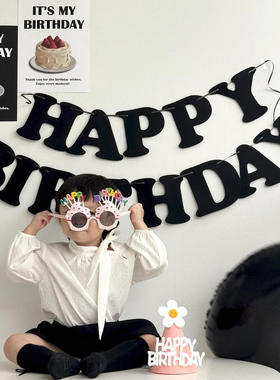 黑色字母无纺布拉旗100天百日派对布置 HAPPY 100TH DAY 拉花装饰