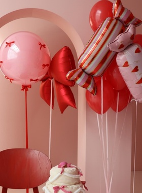 爱心条纹卡通糖果铝膜气球红色蝴蝶结新年背景墙布置情人节装饰品