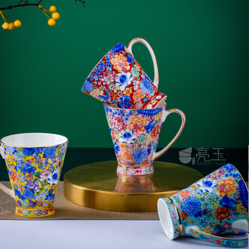 景德镇陶瓷马克杯家用骨瓷描金咖啡杯珐琅彩奶茶杯英皇杯高档送礼