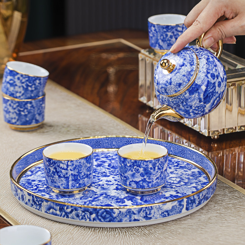 景德镇中式骨瓷青花瓷茶具套装陶瓷金边茶壶茶杯托盘整套功夫茶具