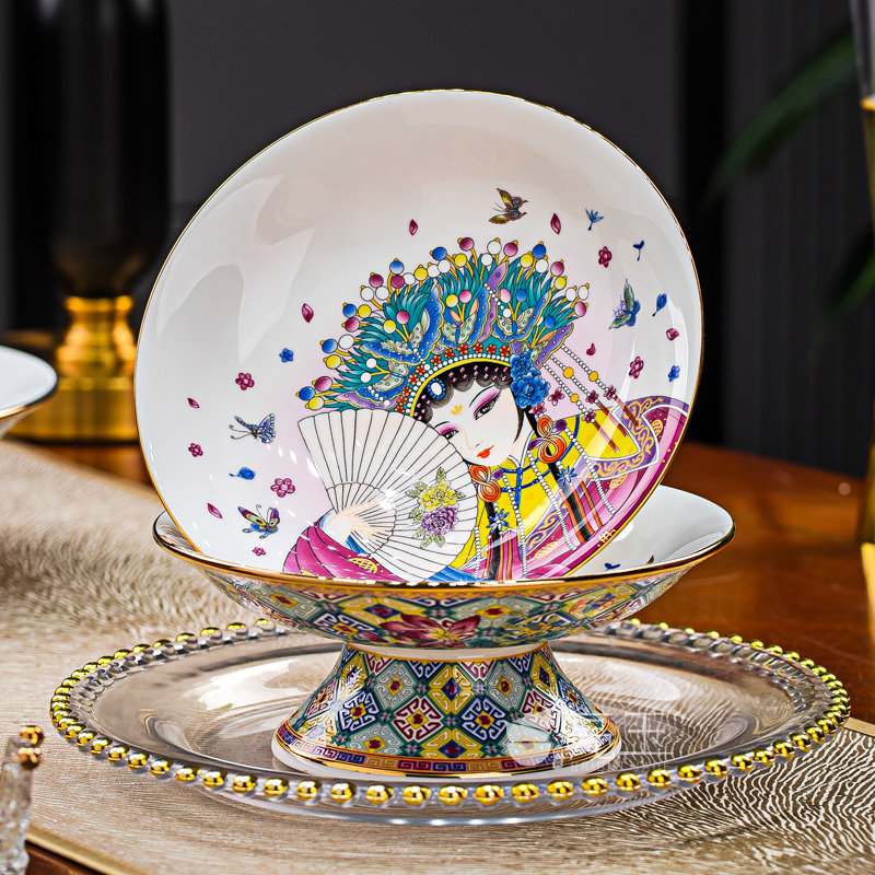 景德镇陶瓷水果盘京剧花旦高脚果盘金边骨瓷点心盘中国风佛前供盘