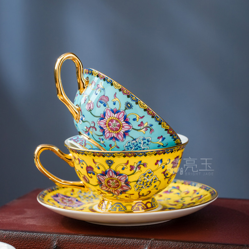 景德镇中式陶瓷咖啡杯家用骨瓷咖啡具套装三件套珐琅彩下午茶杯碟
