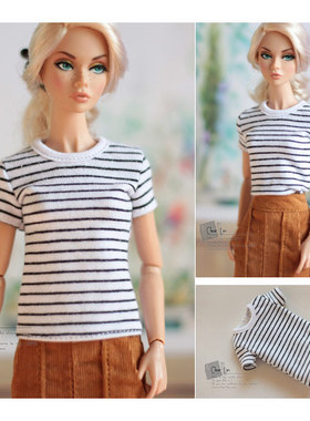 [M-201705-13]黑白细条纹白圆领T恤/FR Momoko OB娃衣