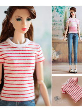 [M-201705-12]红白细条纹白圆领T恤/FR Momoko OB娃衣