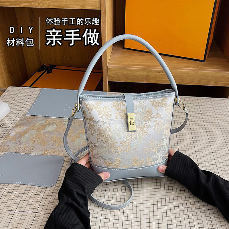 国风刺绣复古水桶包diy手工包自配壮锦布防尘袋改装材料包半成品.