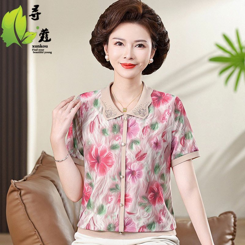 短款妈妈装上衣女中年印花时尚小衫矮个子婆婆装夏季短袖衣服女装