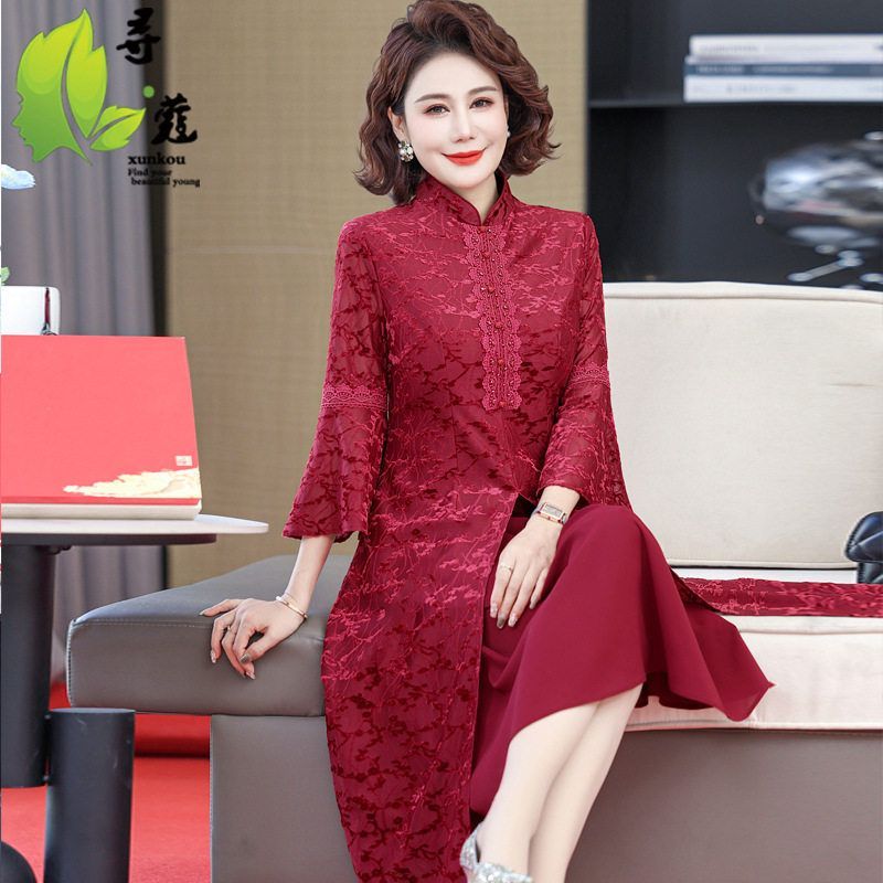 新款春季中年婚宴女礼服妈妈装40岁婆婆装喜庆女装连衣裙两件套