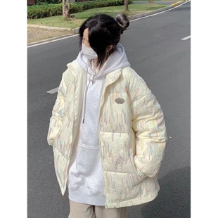 小香风压皱羽绒棉服女款慵懒风bf宽松加厚保暖棉衣国潮牌冬季外套