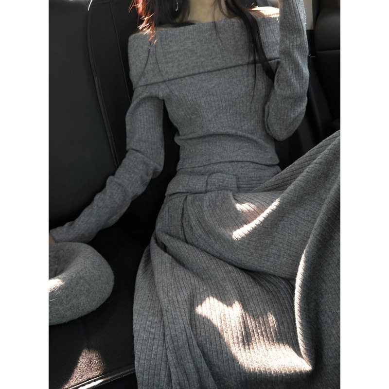 辣妹套装女春秋季2025新款露肩一字领毛衣针织衫搭配半身长裙子潮