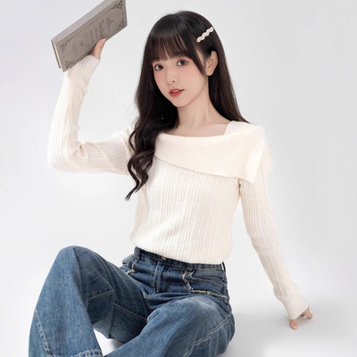 设计感一字肩针织衫女2025春季新款打底衫内搭毛衣小众高级感上衣