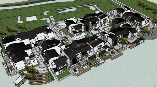 中式度假村游客中心类建筑SU模型草图大师sketchup景观设计素材库