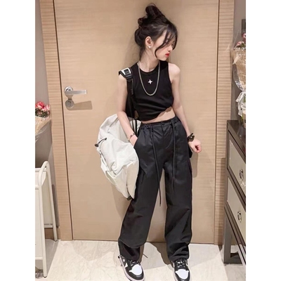 女童工装裤2025夏季新款儿童夏天休闲长裤韩范女大童黑色裤子薄款