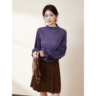 女装 蜜妃儿 葡萄蜜酿 纯色暗纹针织衫 紫色上衣 立领宽松百搭长袖