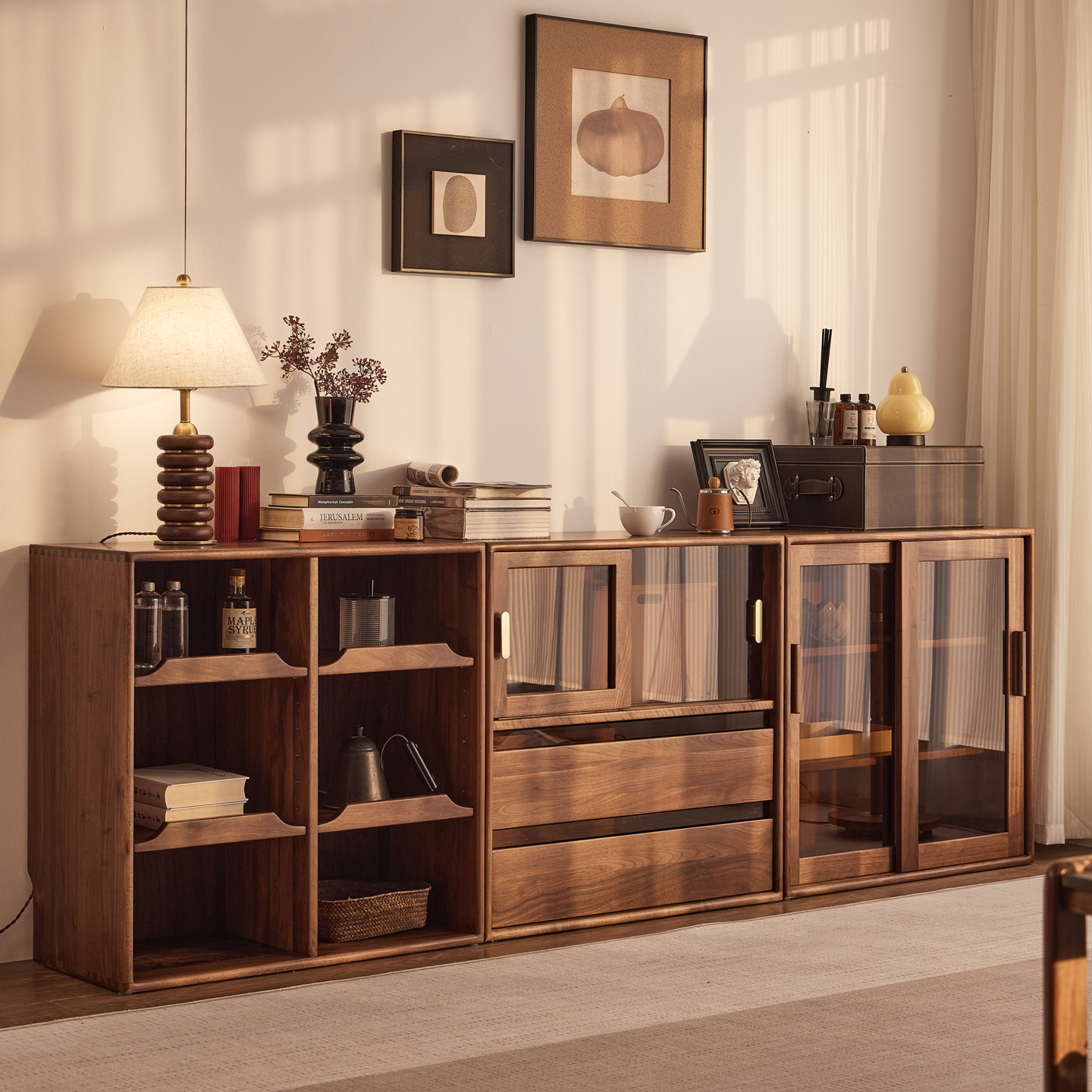 北美黑胡桃木组合书柜储物柜一体客厅书房实木收纳落地电视储物柜,住宅家具,组合书柜,淘宝优惠券,粉丝福利购,淘宝优惠卷