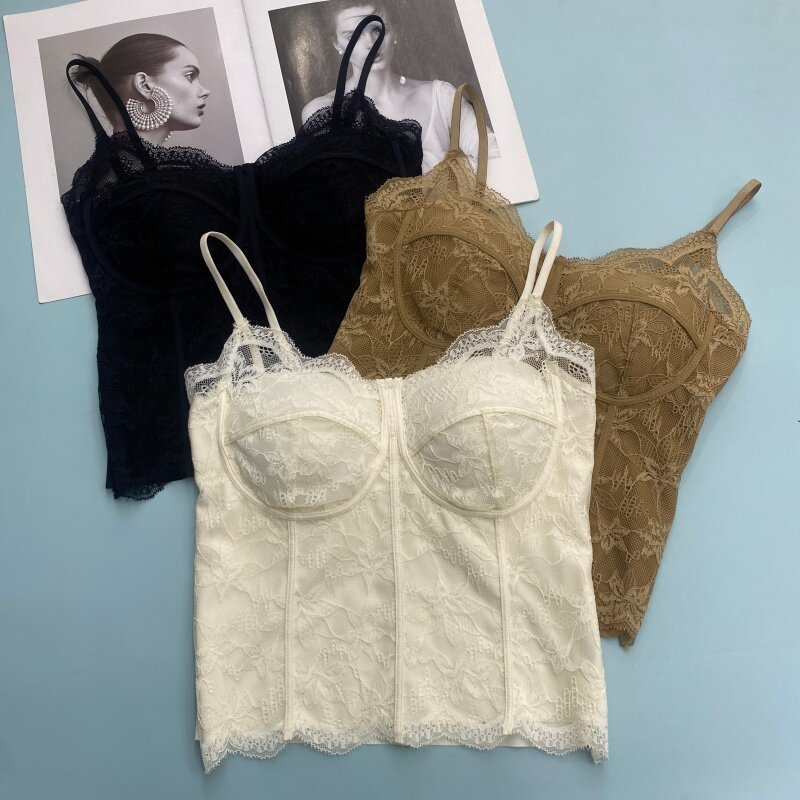 6100-1春夏新款轻奢蕾丝鱼骨吊带背心女修身显瘦内搭外穿美背上衣