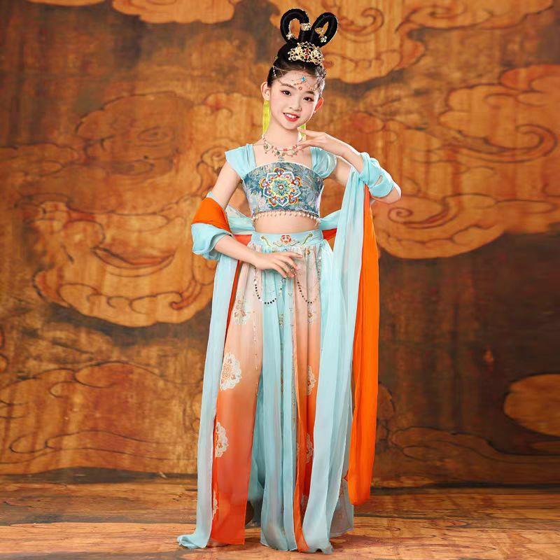 敦煌舞蹈服儿童飞天乐鼓演出服新款女童异域风情表演服上铃鼓服饰