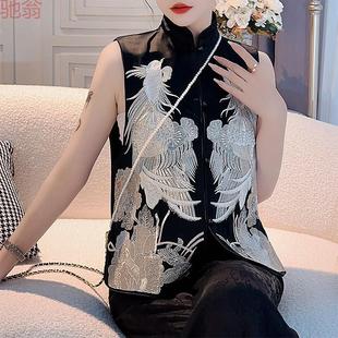 T8Y民族风马甲女夏季 百搭坎肩外 大码 中国风凤凰牡丹刺绣立领薄款