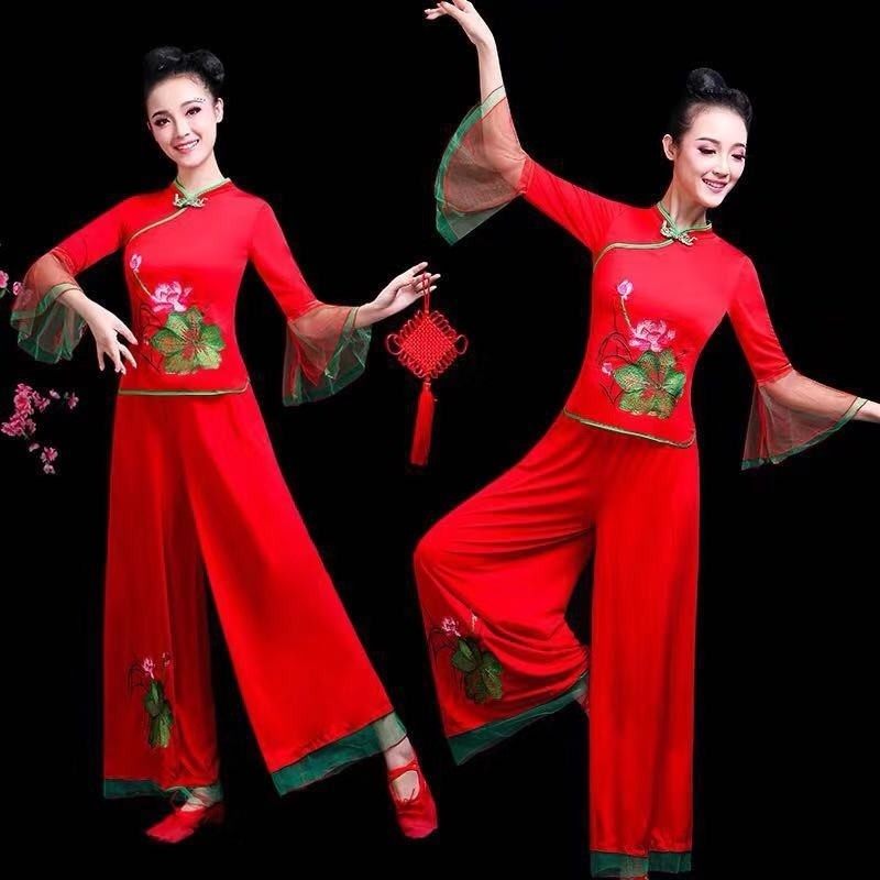 高档广场舞套装大妈舞蹈秧歌服杨丽萍古典腰鼓服扇子舞喜庆成人服