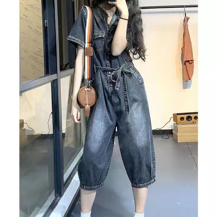 牛仔连体裤女2024夏季韩版时尚立领半开扣宽松休闲高腰七分连体裤