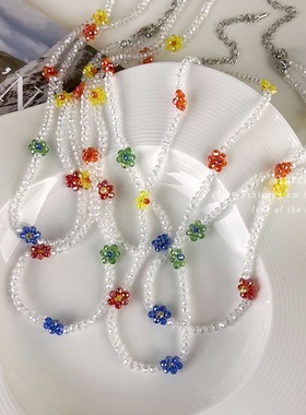 夏季彩色串珠花朵项链可爱甜美小众简约百搭超仙学生新款锁骨链女