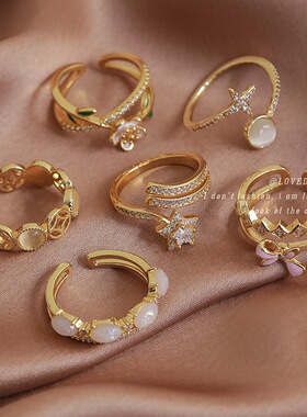 跨境个性时尚指环戒复古小众猫眼水钻蝴蝶结花朵几何开口戒指手饰