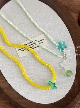 韩版猫眼石串珠绿花朵项链
