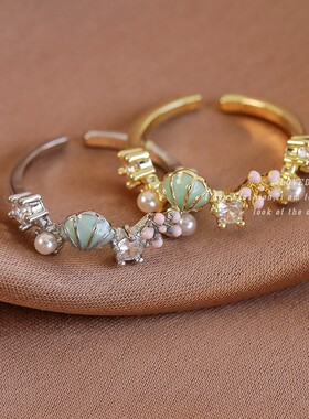 甜美风珐琅滴釉贝壳花朵珍珠戒指