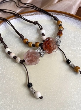 陶瓷玫瑰编织项链女夏季2023年新款时尚复古配饰可抽拉长款锁骨链