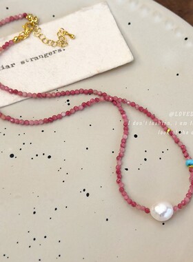 小众法式浪漫气质锁骨颈链红色石头珍珠串珠项链颈链春夏百搭配饰