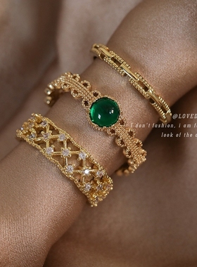 轻奢祖母绿宝石戒指小众时尚精致复古微镶锆石网格食指戒个性指环