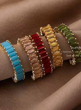 简约微镶方钻戒指欧美时尚流行轻奢彩色锆石金属开口指环首饰品