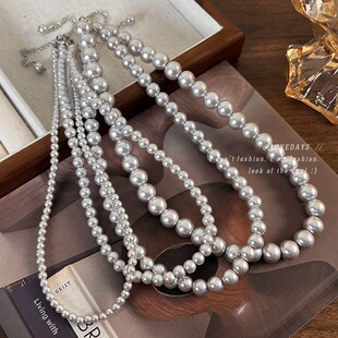 复古灰色珍珠项链倪妮同轻奢小众毛衣锁骨链简约灰珍珠颈链配饰潮