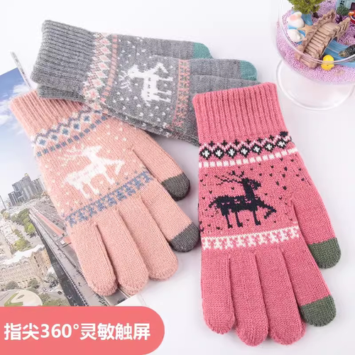 针织触屏手套女士冬季保暖加厚加绒户外骑行提花可爱麋鹿韩版手套