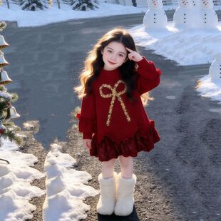 女童新年卫衣裙冬季2025新款儿童加绒公主裙冬装女孩红色拜年裙子