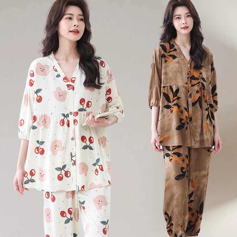 妈妈棉绸睡衣女中老年人造棉夏季绵绸七分袖套装两件套家居服加大
