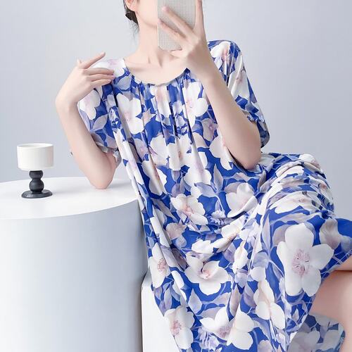 睡衣女士夏季棉绸短袖碎花妈妈睡裙胖mm宽松大码人造棉绵绸带胸