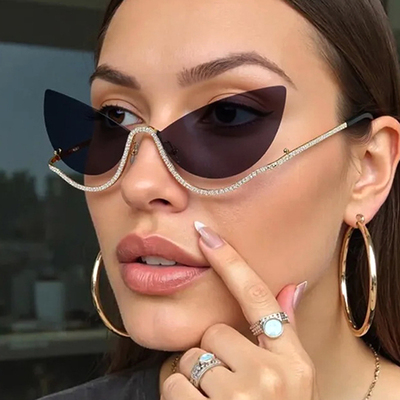 无框太阳眼镜女金属猫眼镶钻墨镜
