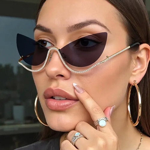 无框太阳眼镜女金属猫眼镶钻墨镜