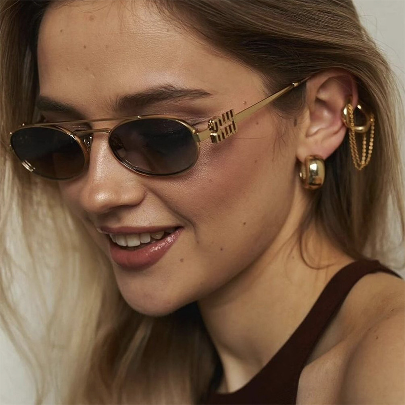 双梁太阳镜金属凹造型欧美女椭圆