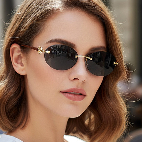 无框切边太阳眼镜女美式椭圆墨镜