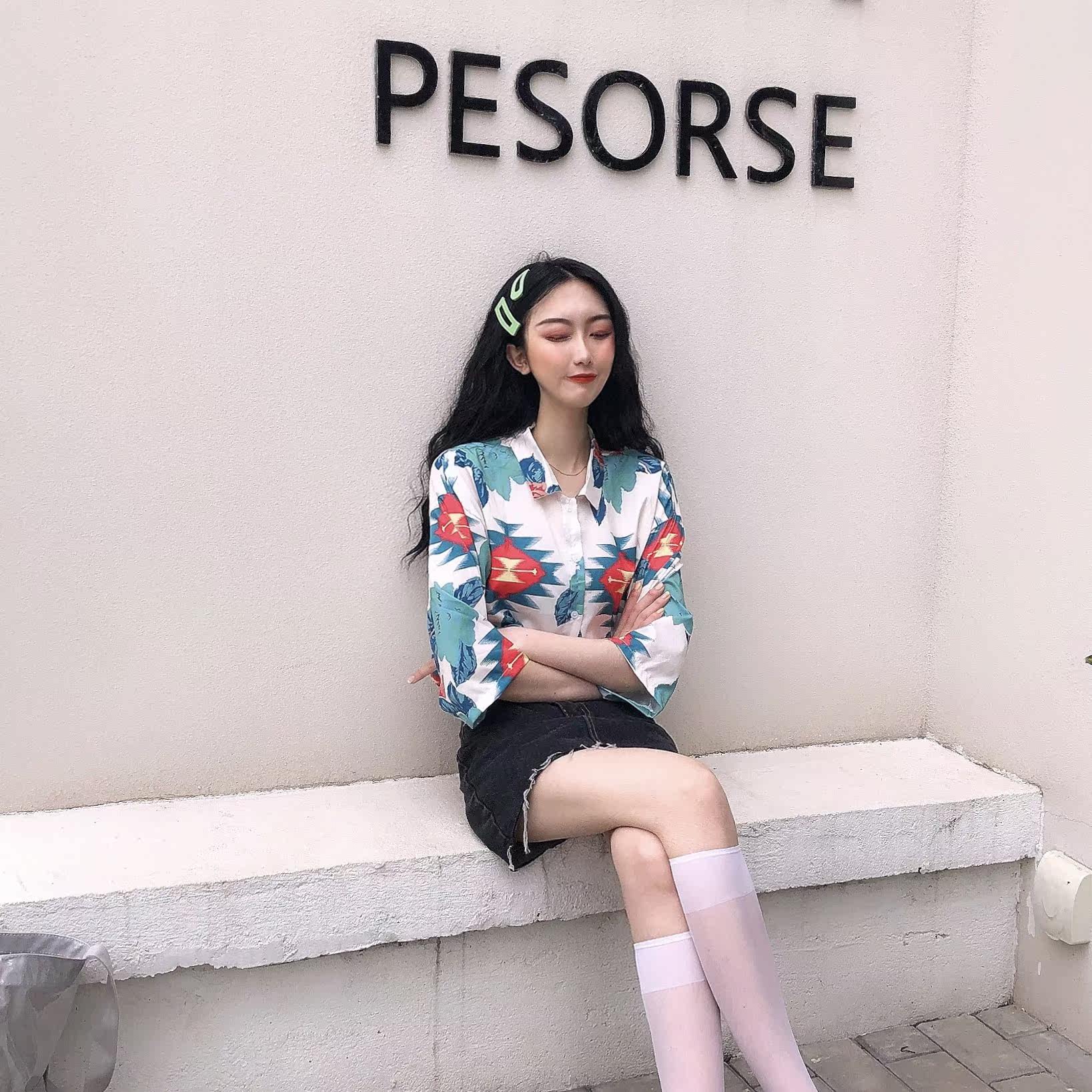 港味2019复古花衬衫女七分袖宽松衬衣女设计感中长款防晒上衣新款|ruв категории Женская одежда, рубашка - от Buy2taobao.com для оказания профессиональной услуги покупки агента Taobao