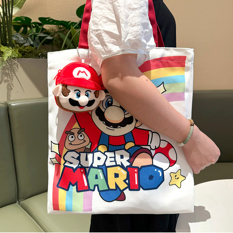 马里奥拉链帆布袋单肩包手提学生资料袋装书大容量美术袋补习卡通