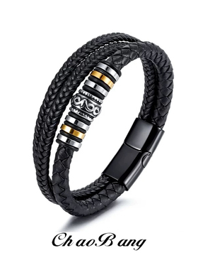 真牛皮革钛钢多层手链男欧美手工编织百搭个性高级感绳饰品手饰女