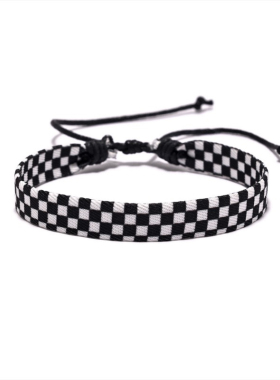 2025新款流行色格子手工编织手链原创手工几何波点配色织带手绳女