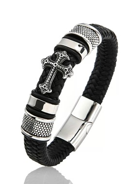 跨境皮革手工编制手镯皮编织十字架男士皮手链复古潮流
