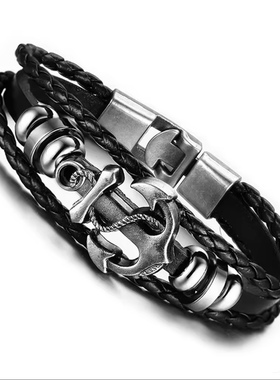 日韩纯手工编织手链复古朋克海军风船锚牛皮学生男女兄弟手绳饰品