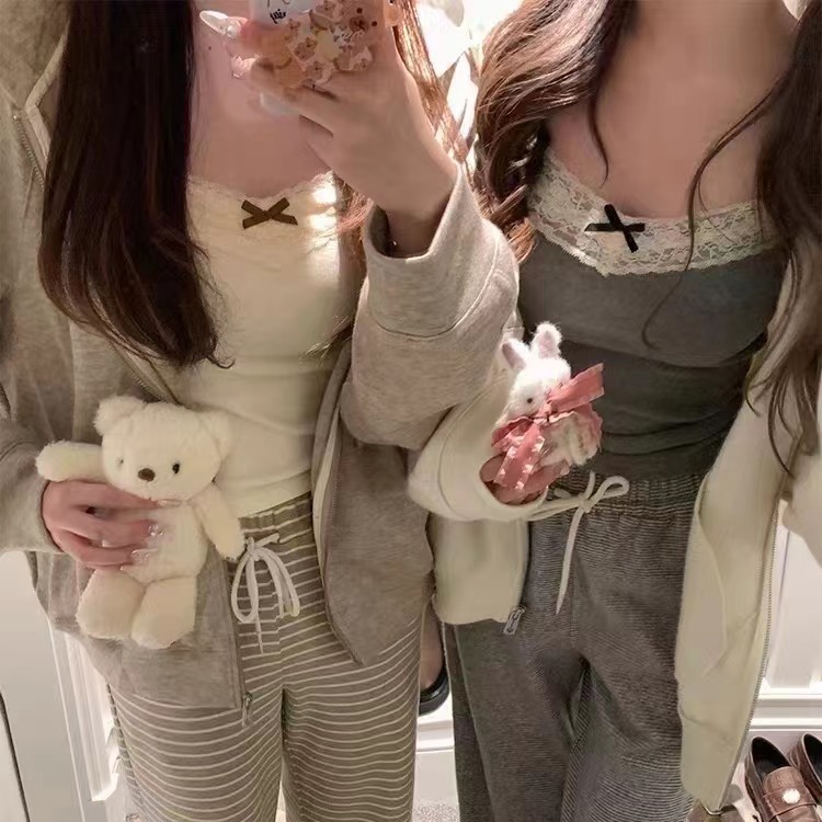 蝴蝶结带胸垫针织吊带背心女打底衫内搭蕾丝无袖短款百搭修身上衣