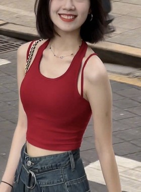 泰式小众挂脖红色吊带背心女外穿运动yk甜辣妹内衣露背绝美上衣
