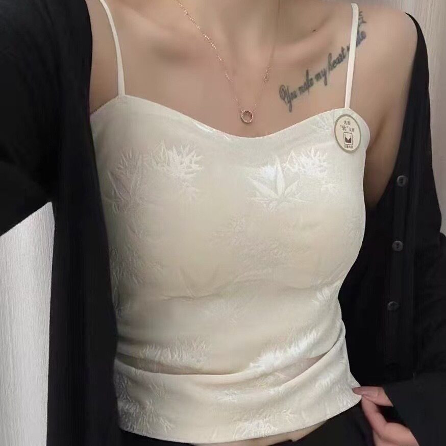 金丝绒秋冬保暖固定杯吊带背心女美背内搭外穿打底竹影印花上衣女